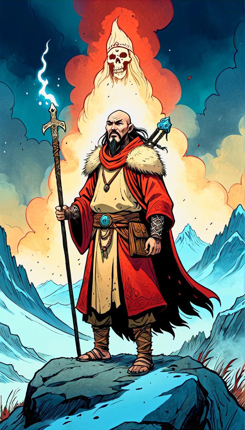 12867-3379413938-graphic novel illustration (vibrant_0.7) dark comic book ink style, A mountain medieval watchmen warrior hermit in a fur and bon.jpg